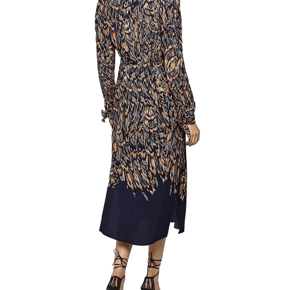 REISS Erin Abstract Feather Midi Dress V-neck Long Sleeve Size 4 Navy Gold - Picture 8 of 8